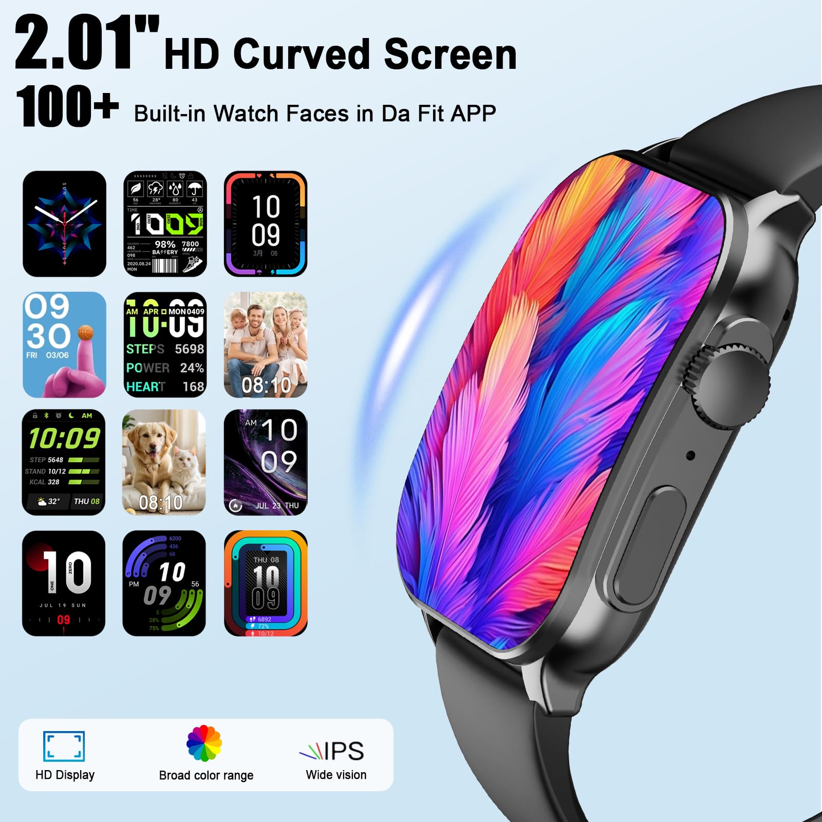 Smart Watch for Men Women, 2.01" AMOLED Curved Display Smart Watch, Bluetooth Call, 100+ Sport Modes, Fitness Tracker with 24/7 Heart Rate/Sleep Monitor, IP68 Waterproof Smartwatch for Android iOS