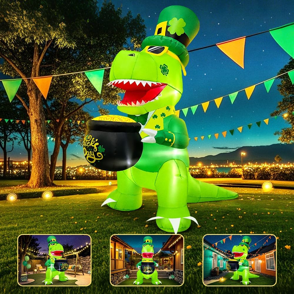 KOOY 5 FT St Patricks Inflatable Dinosaur Hold Gold Pot Outdoor Decor with Shamrock Hat, Saint Patricks Blow Up Inflatable Irish Decorations for Yard Holiday Party Blow Up Yard Decorations - Image 3