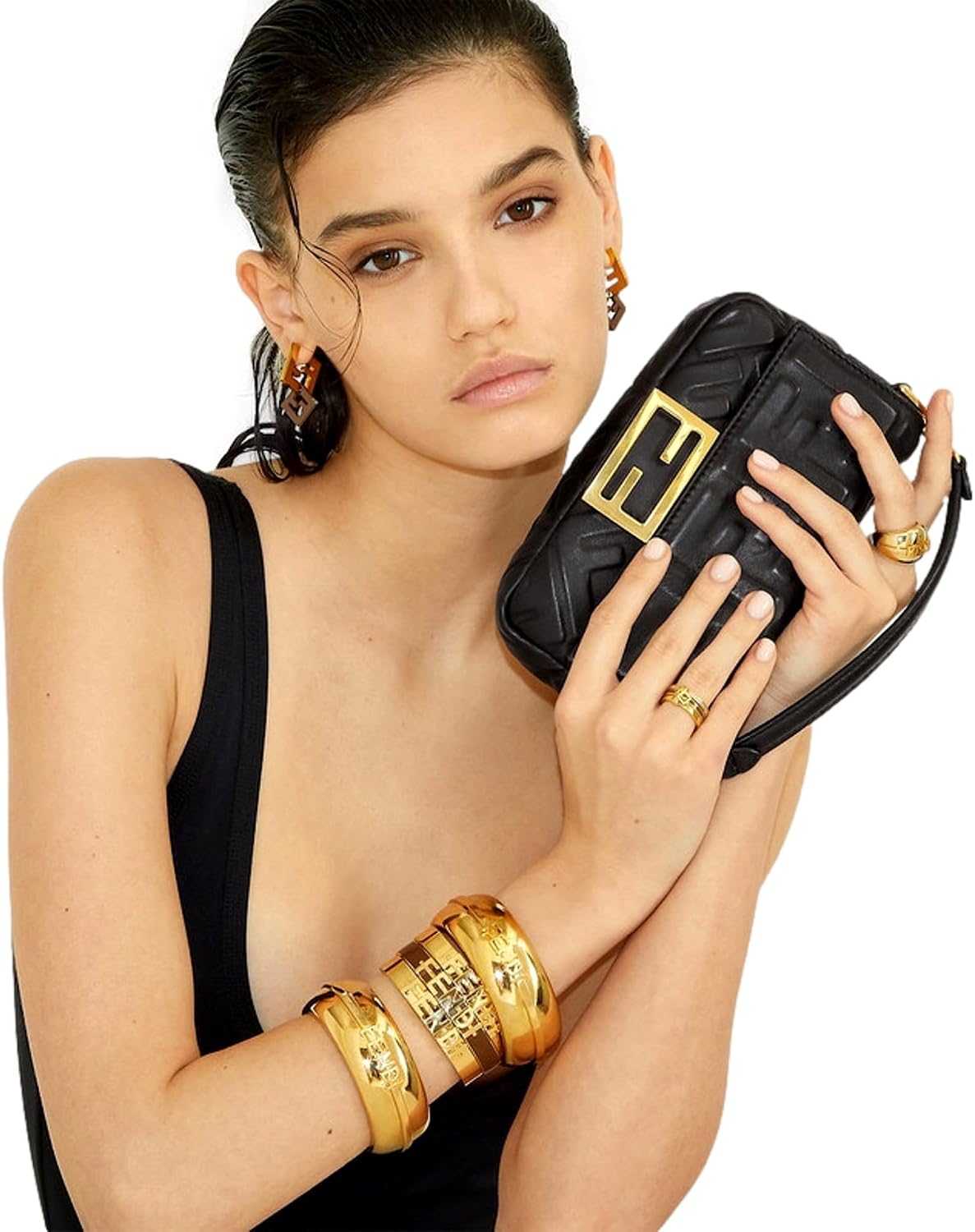 FENDI Fendigraphy Gold Tone Wide Logo Bangle Bracelet New image 4