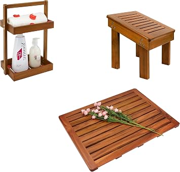 Utoplike 24"x18" Teak Wood Bath Mat,Teak Shower Caddy Corner, Teak Shower Stool for Shaving Legs