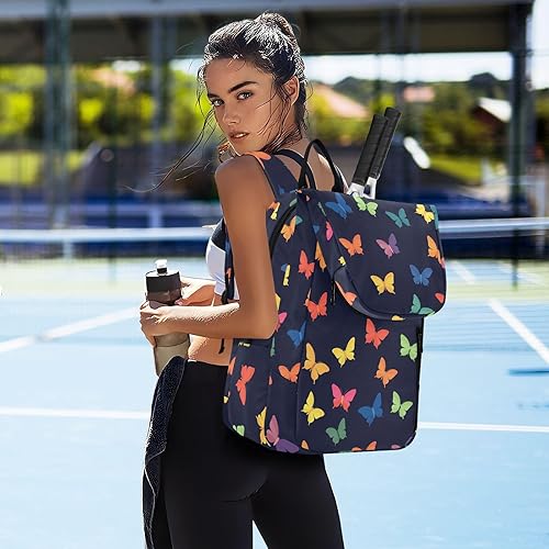 Miniatura 7 de Bolsa de pelota de raqueta de tenis, impermeable, coloridas mariposas, color negro, 3 raquetas de bádminton, bolsa de pickleball para adolescentes,