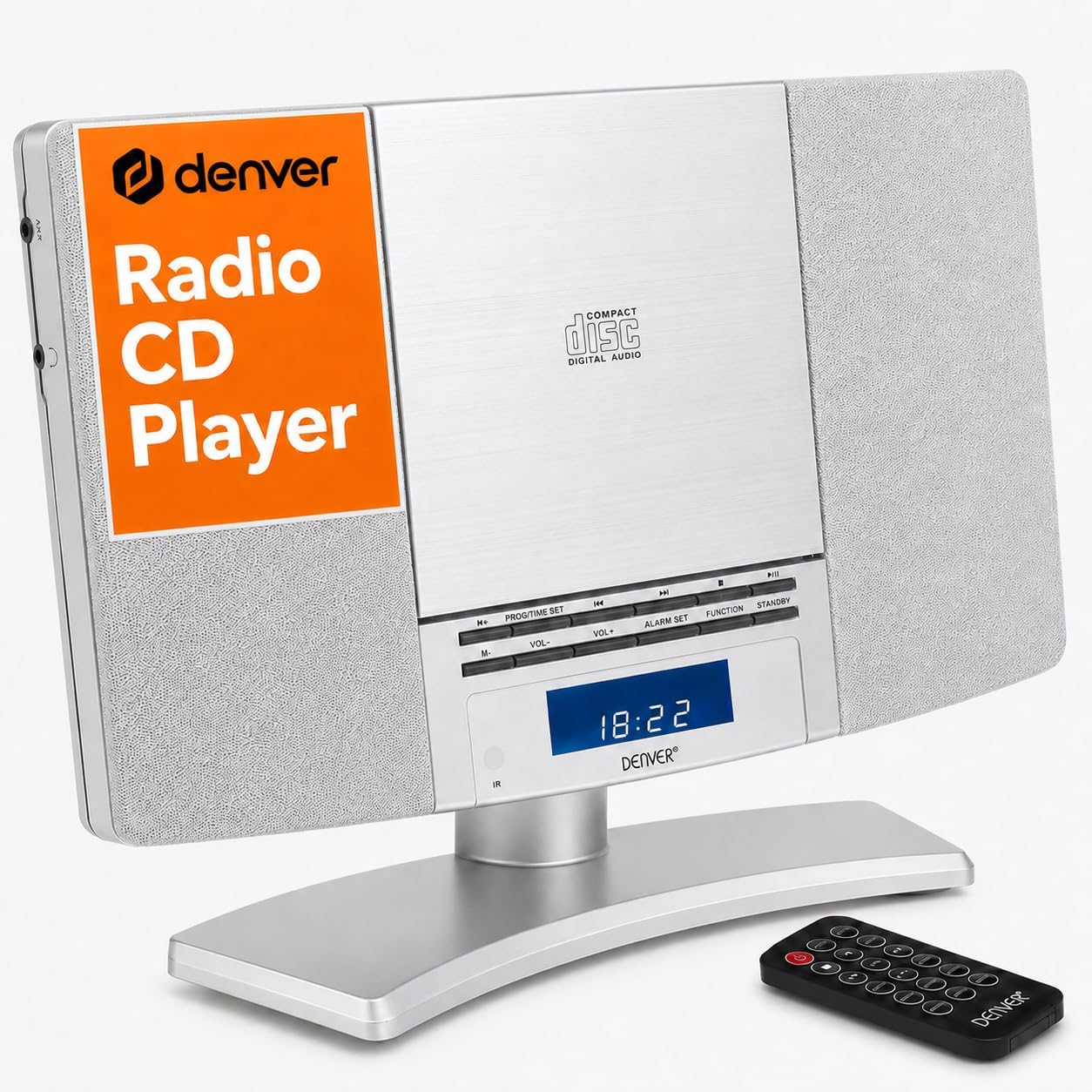 Denver Radio CD Player With Speakers, Wall Mounted or Desktop Stand Small Mains Operated Alarm Clock Radio Boombox Home Audio CD Player with Remote Control - Silver