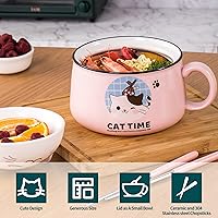 Vista 3 de Juego de tazones para ramen con palillos, lindos tazones de fideos ramen instantáneos con diseño de gato con tapa, tazones de cerámica extra grandes