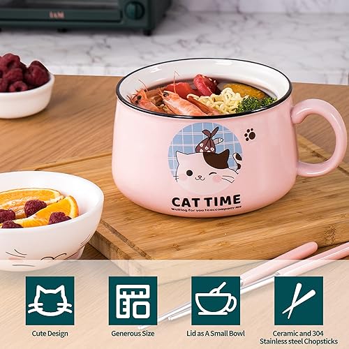 Miniatura 3 de Juego de cuencos para ramen con palillos, lindos cuencos de fideos instantáneos para ramen con tapa, cuencos de cerámica extra grandes de 34.5 onzas