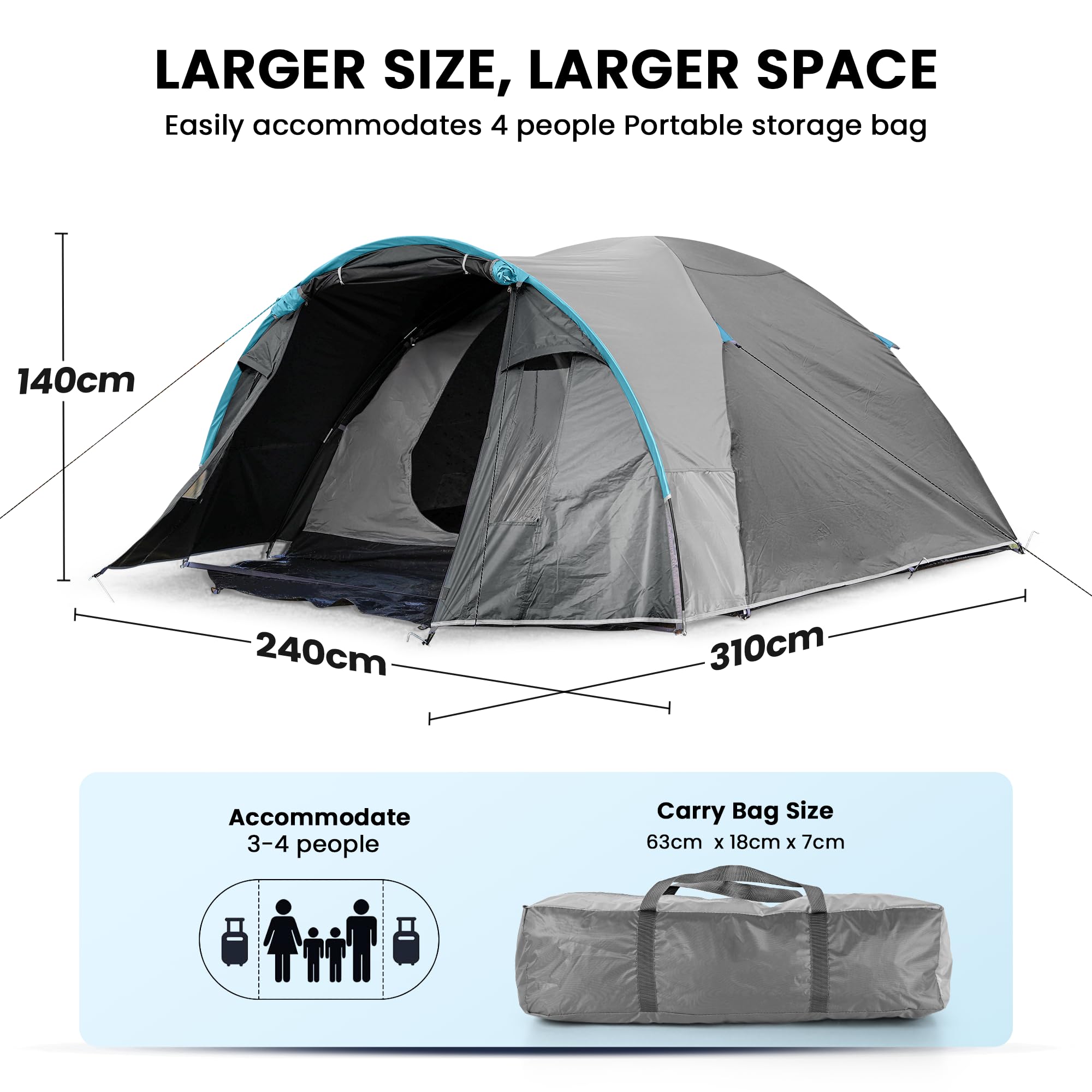 BlueWood Dome Camping Tent for 3-4 Person, Double Layer, Lightweight Holiday Family Camping and Hiking Tent, Waterproof, Sewn-in Groundsheet