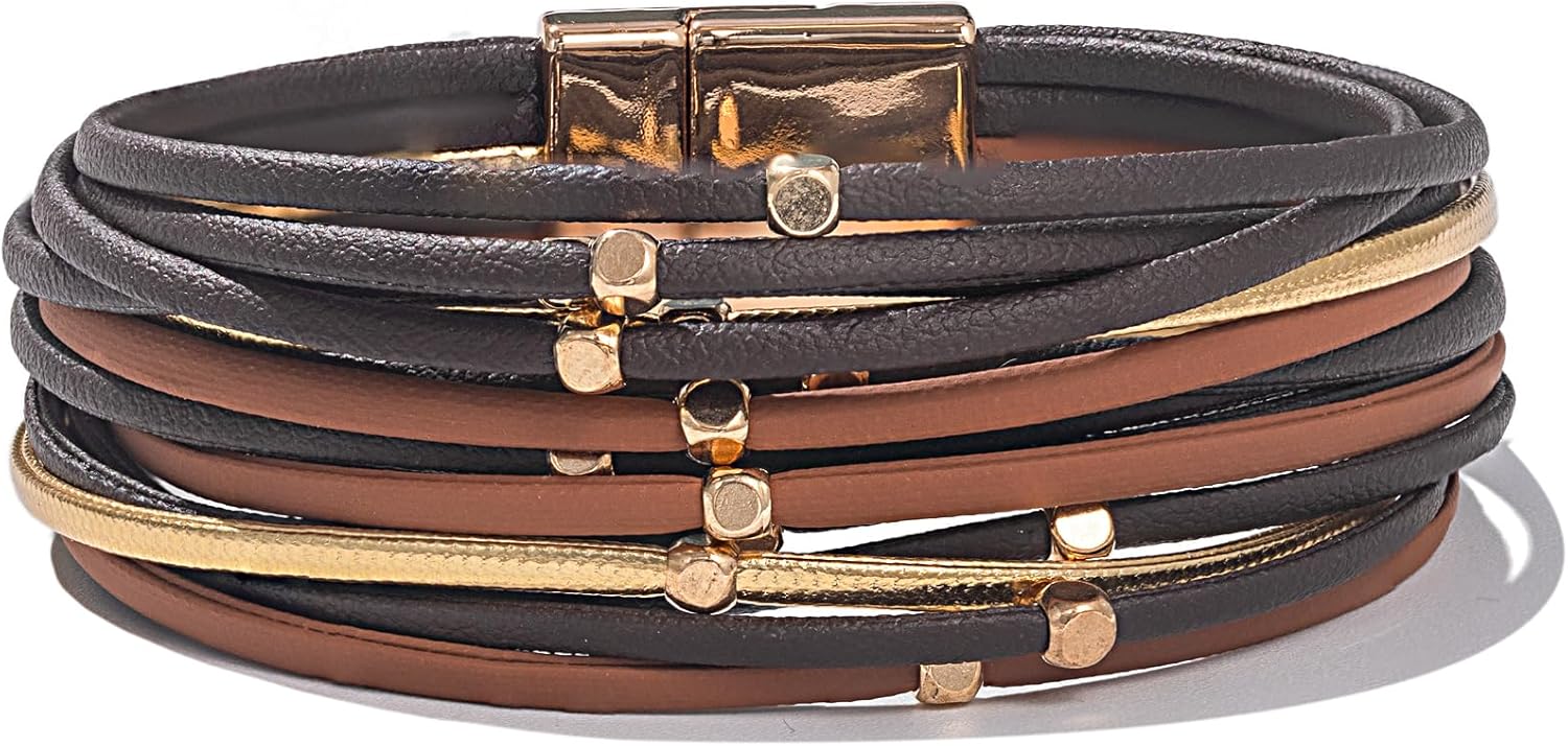 FANCY SHINY Beaded Leather Wrap Bracelets Cute Boho Stackable Bangle Cuff with Magnetic Clasp