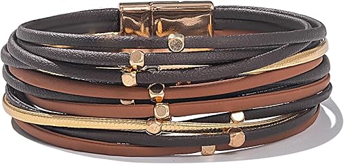 FANCY SHINY Pulseras de cuero con cuentas, estilo bohemio, apilable, con cierre magnético