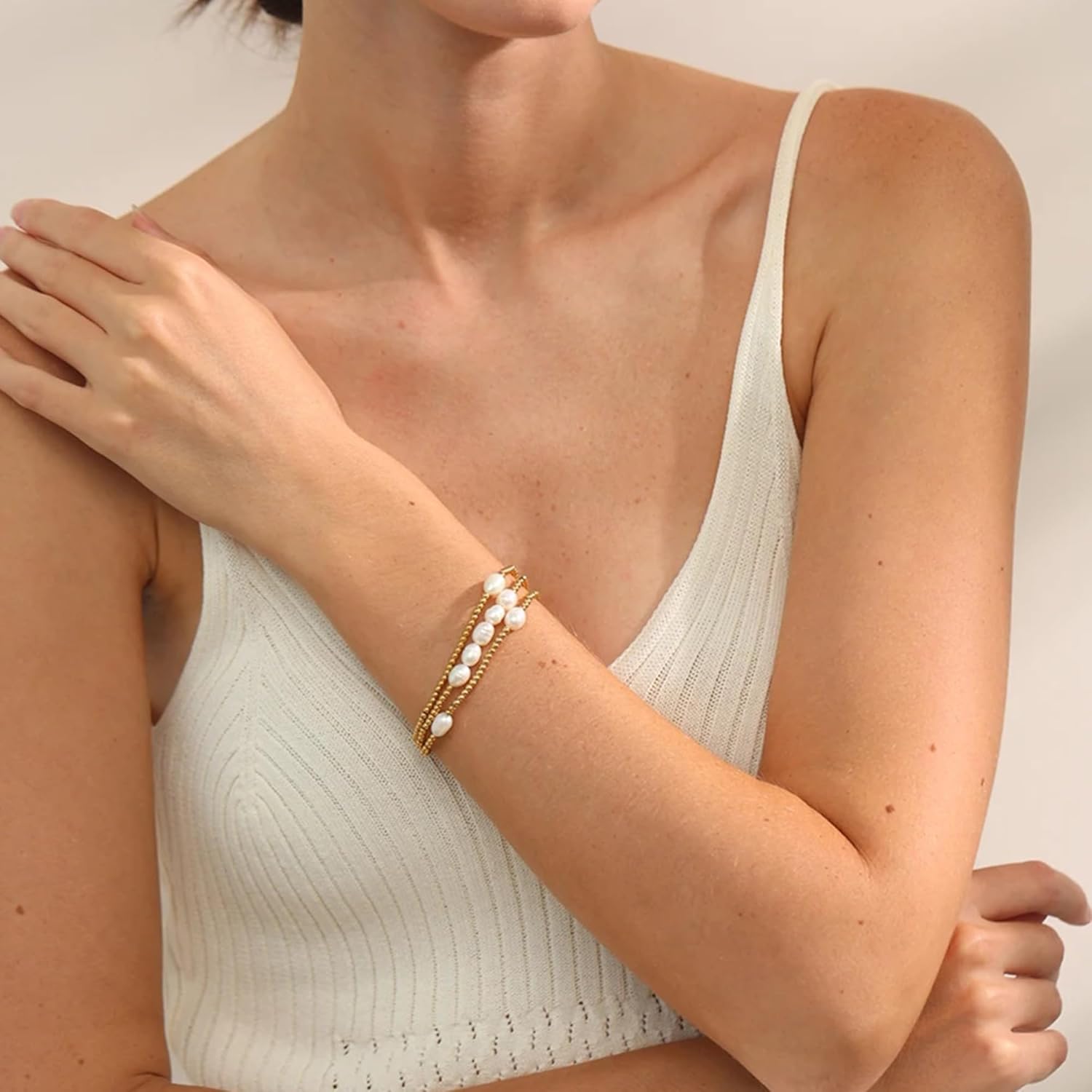 Mchic Gold Beaded Bracelets for Women: Dainty Pearl Beaded Stretch Bracelet Stack 18K Gold Plated Strand Bead Ball Stackable Bracelets Set Trendy Jewelry Gift for Women - Image 4