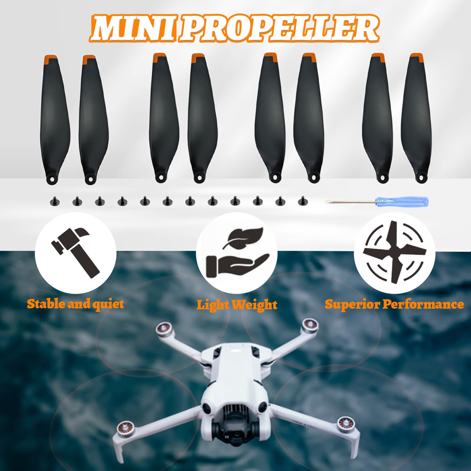 16Pcs Hélices de Rechange pour Drone DJI Mini 3 Pro, Mini 4 Pro, Faible Bruit & Stable Drone Accessoires Hélices Remplacement avec 2 Tournevis et 24 Vis