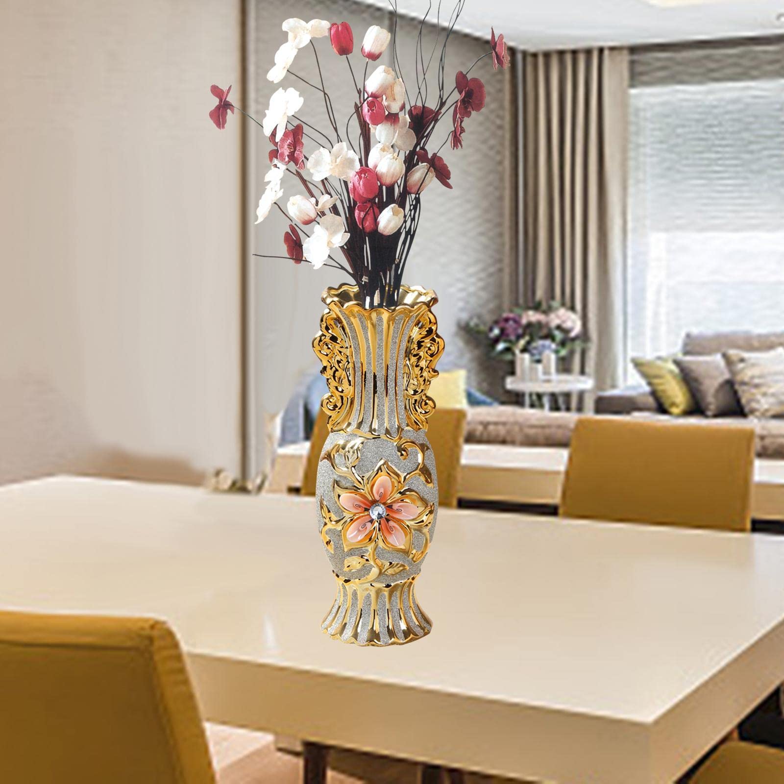 Keramikvase Europäischer Stil Blumenvasen Deko Ornament Tischdeko Goldene Muster Eleganz Aus für Hochzeit Geschenk Wohnzimmer Büro Café Bar Re, StilC