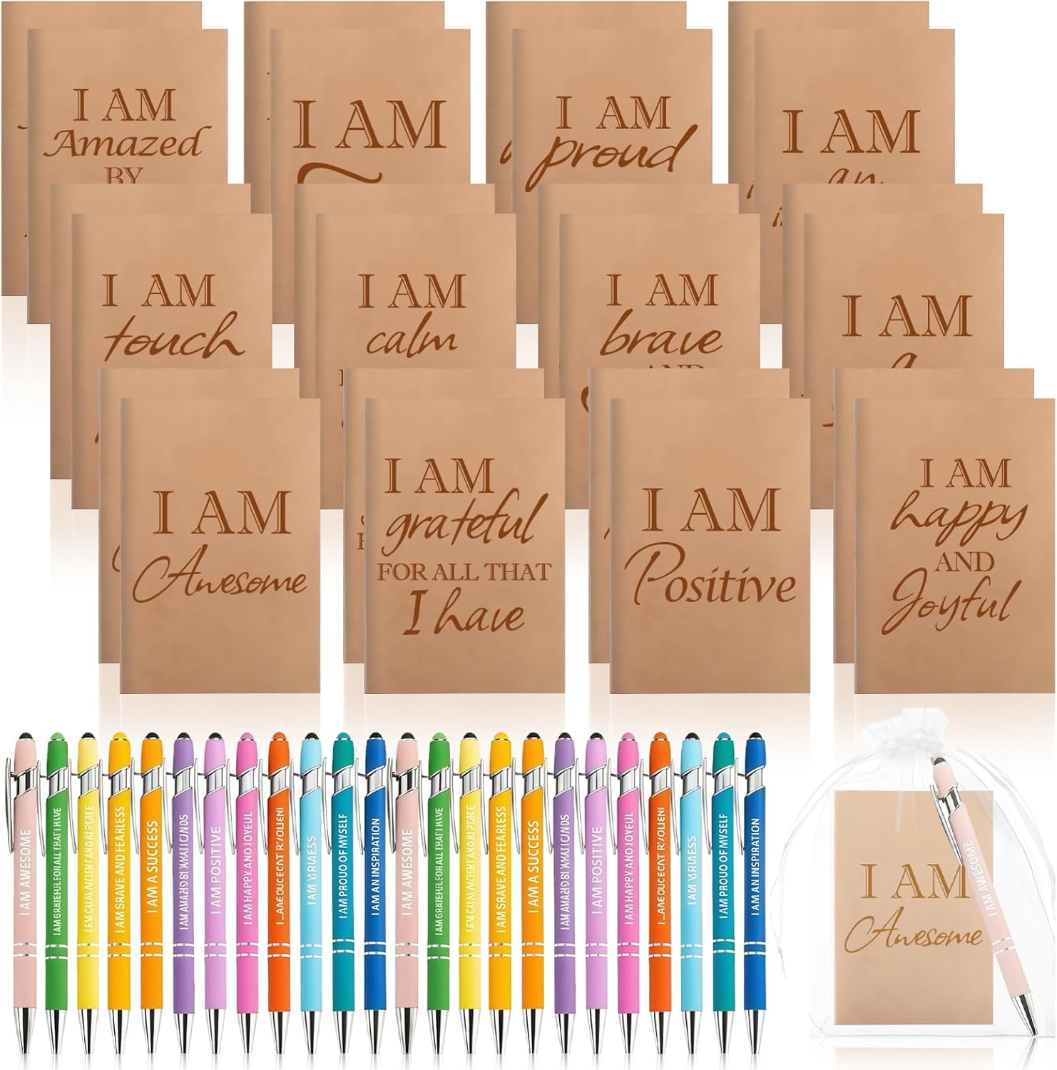 144 Pcs/48 Set Inspirational Journals Bulk with Motivational Ballpoint Pens, A6 Small Kraft Notebooks Affirmation Pocket Notepad for Student Coworker Friend Positive Christmas Gift