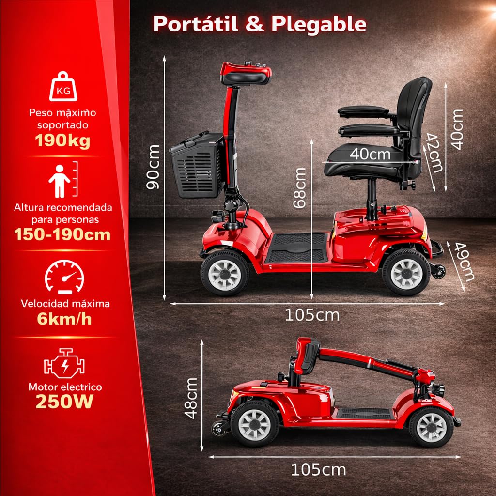 Scooter de Movilidad Eléctrico de 4 Ruedas, Plegable, para Personas Mayores y Movilidad Reducida, Autonomía de hasta 20 km, Neumáticos Antipinchazos, Rojo