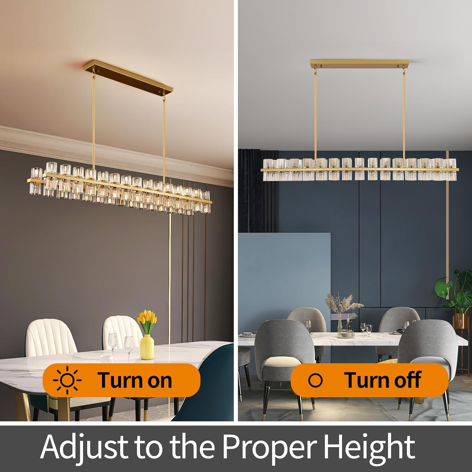 Crystal Gold Rectangular Chandelier for Dining Room,54in Dining Chandeliers Over Table,Modern Chandelier for Dining Room,Arcachon Chandelier Kitchen Island Chandeliers,Includes 60XG4 Bulbs