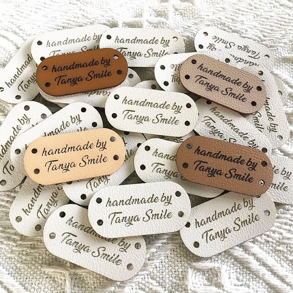 25Pcs Sewing Leather Tag with Personalized Logo/Text, Custom Name Sewing Label, Personalized Clothes Tags, Hats Knits Tag, Clothing Labels, Crochet and Handmade 40x 20mm