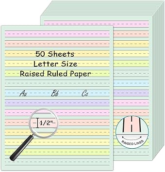 50 Sheets Handwriting Paper 8.5 x11 Double Side Colored Primary Writing Paper for Kids with ADHD 0.5 Tactile Writing Lines Spacing Multi-Sensory Ruled Handwriting Tablet Dysgraphia Pad for Children