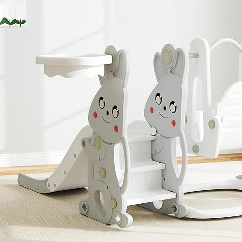 Miniatura 9 de Qaba Juego de tobogán y columpio 4 en 1 para niños de 1.5 a 4 años, parque infantil con temática de conejo con escalador, aro de canasta, para patio