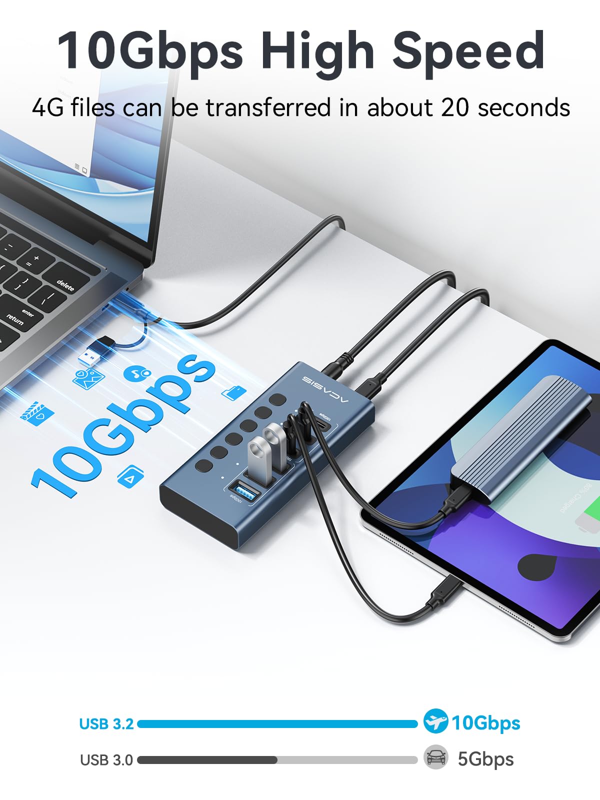 Hub USB 3.2 alimentado, ACASIS 6 puertos USB 3.2 (3 puertos USB-A 3.2 + 3 puertos USB-C 3.2), concentrador USB de aluminio alimentado con adaptador de corriente de 48 W, concentrador USB para PC