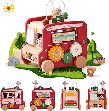 Wooden Activity Cube 8-in-1 Montessori Toys | Multifunctional Early Educational Learning Toys | Wooden Toy for Baby Shape Sorter Xylophone Animal Travel Bus Boy Girl Birthday GiftRed Bus