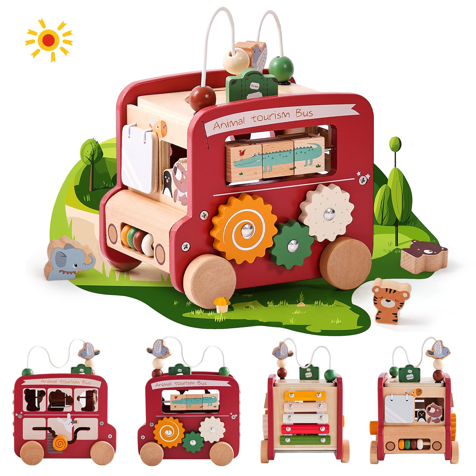 Wooden Activity Cube 8-in-1 Montessori Toys | Multifunctional Early Educational Learning Toys | Wooden Toy for Baby Shape Sorter Xylophone Animal Travel Bus Boy Girl Birthday Gift（Red Bus）