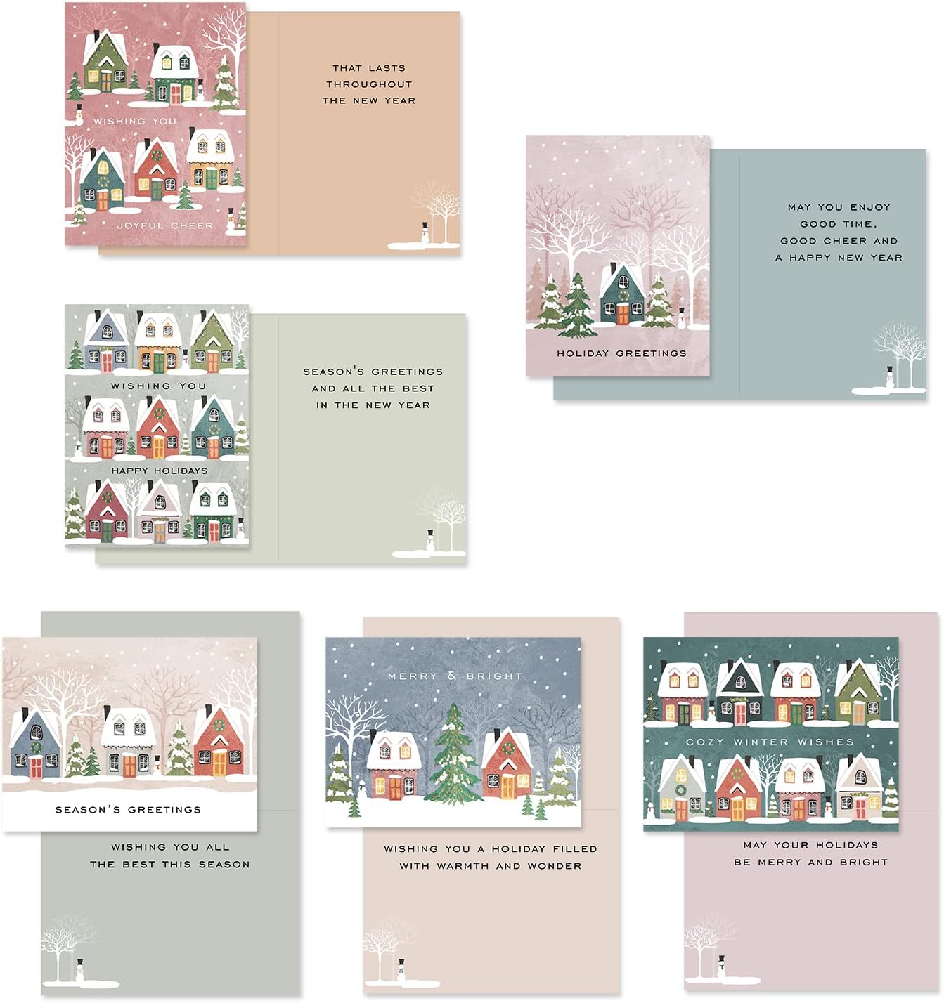 Canopy Street Snowy Village Holiday Cards / 24 Christmas Note Cards With White Envelopes / 4 5/8" x 6 1/4" Festive Seasonal Greeting Cards / 6 Winter Wonderland Houses Designs