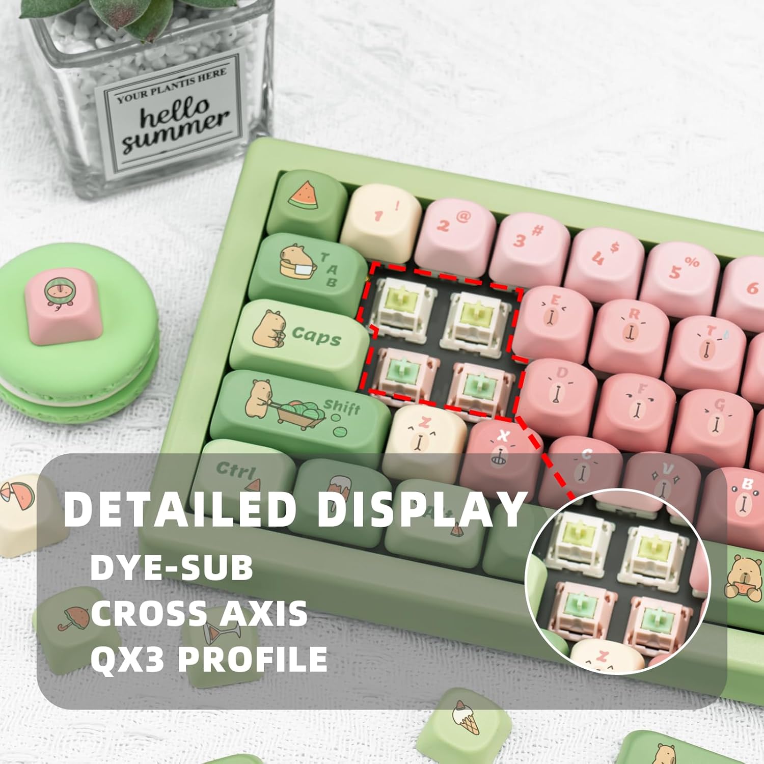 130 Keys Cute Capybara Gradient Keycaps, 1.7mm Thick PBT Pink and Green MOA Profile Keycap for ANSI/ISO Layout Cherry MX Switches Mechanical Keyboard