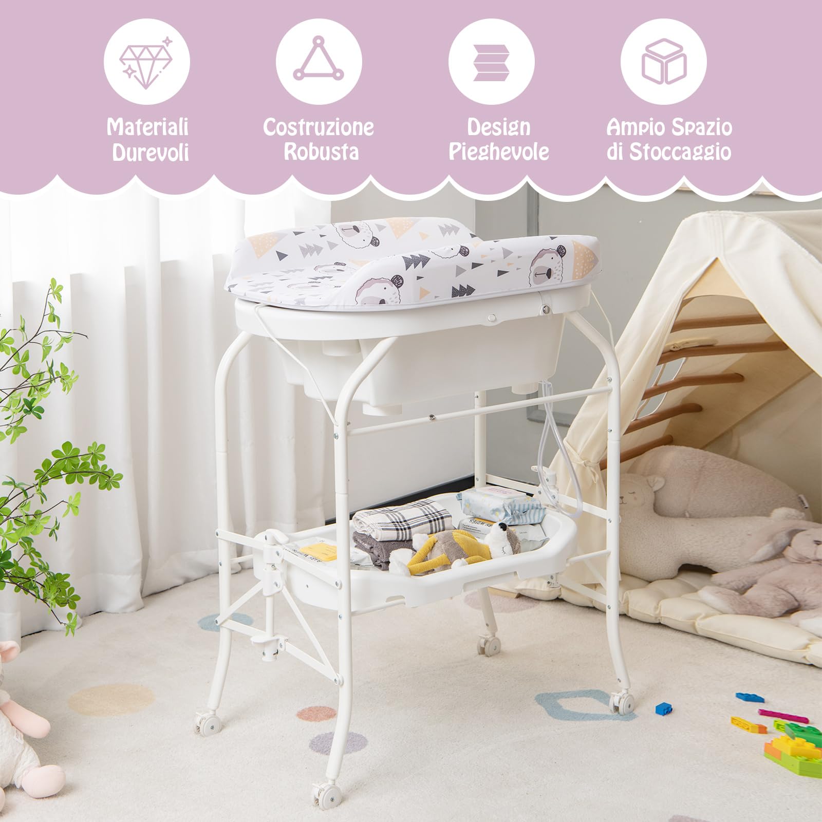 RELAX4LIFE 2 in 1 Fasciatoio con Vaschetta Bagnetto per Neonato, Fasciatoio Pieghevole con 4 Ruote Bloccabili, Bagnetto per Neonati 0-12 Mesi, Carico 15KG (Bianco)
