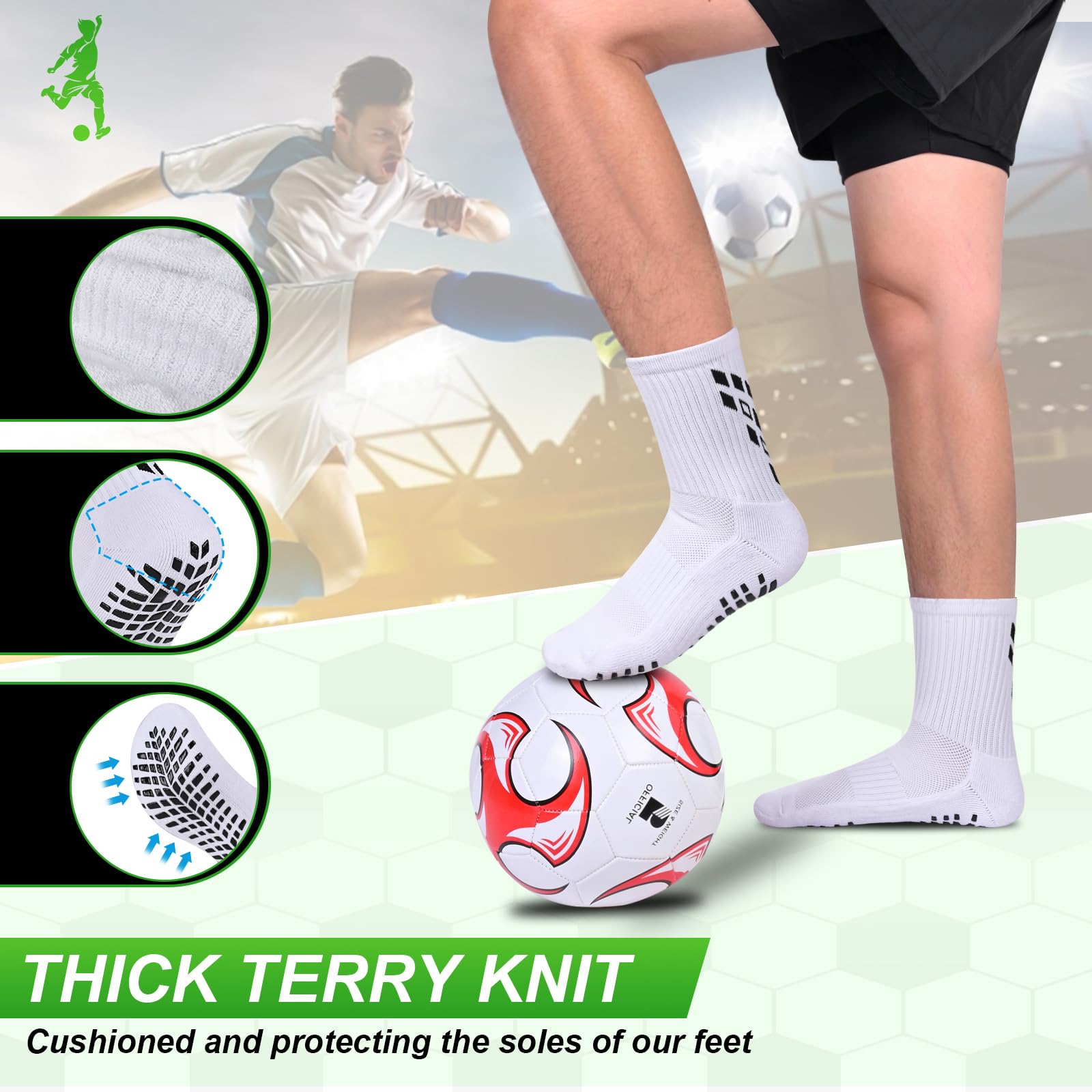 Gogogoal 4-paia Calzini sportivi da calcio antiscivolo per uomo donna, calzini sportivi imbottiti traspiranti Grip antiscivolo 37-42 43-50