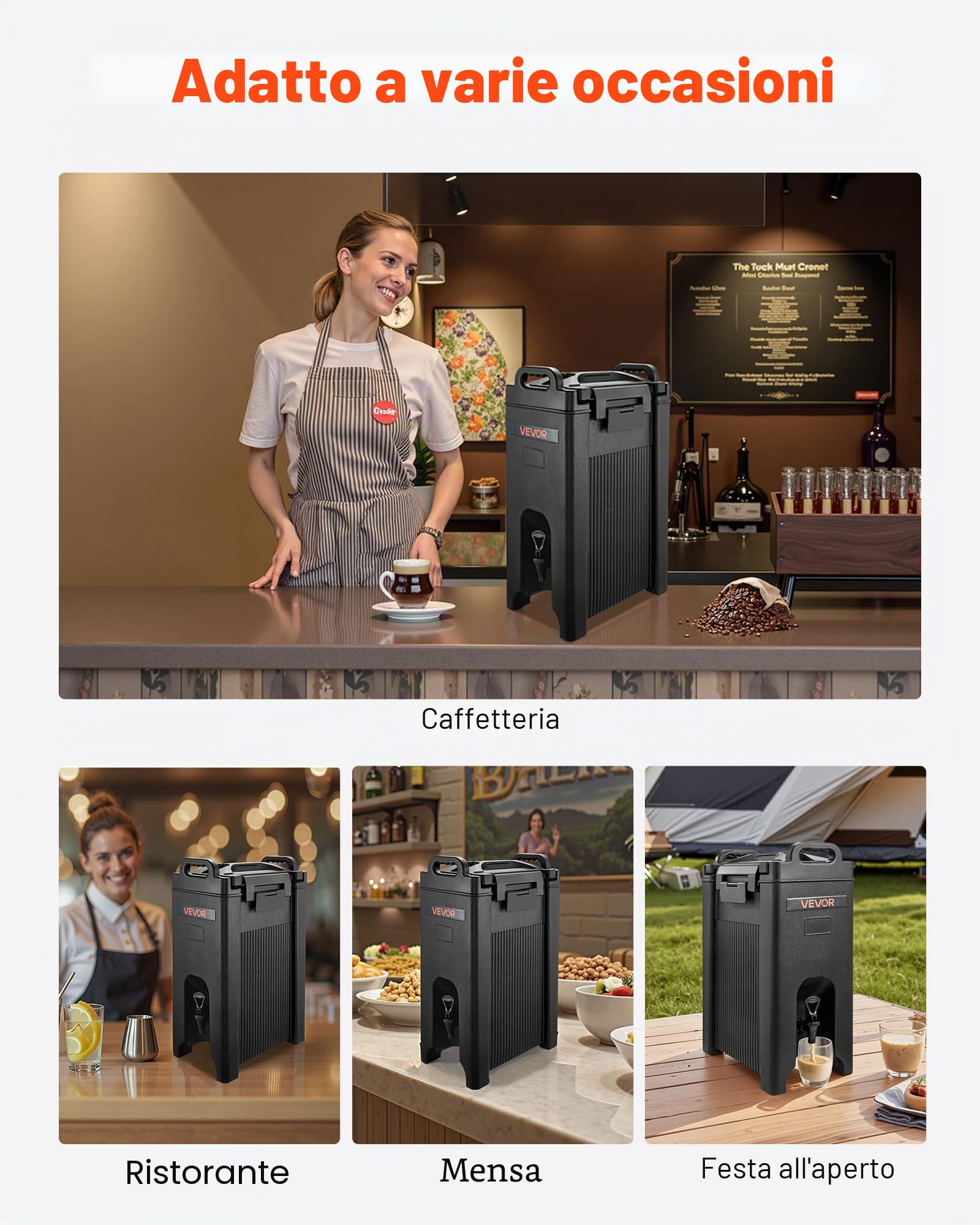 VEVOR Distributore di Bevande Isolato da 19 L Distributore di Bevande Calde e Fredde con Rubinetto e Maniglia, per Tè, Caffè e Acqua in Bar e Ristoranti, 2 Pezzi, Nero, Isolamento a Lunga Durata