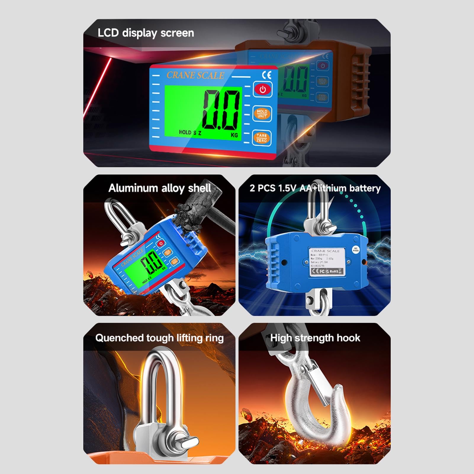 Digitale Kranwaage, 2000 Kg Schwere Industrielle Hängewaage mit Fernbedienung, LCD-Hintergrundbeleuchtung, Geräteschalter, Datenspeicherung, Tara und Zurücksetzen, Kranwaage