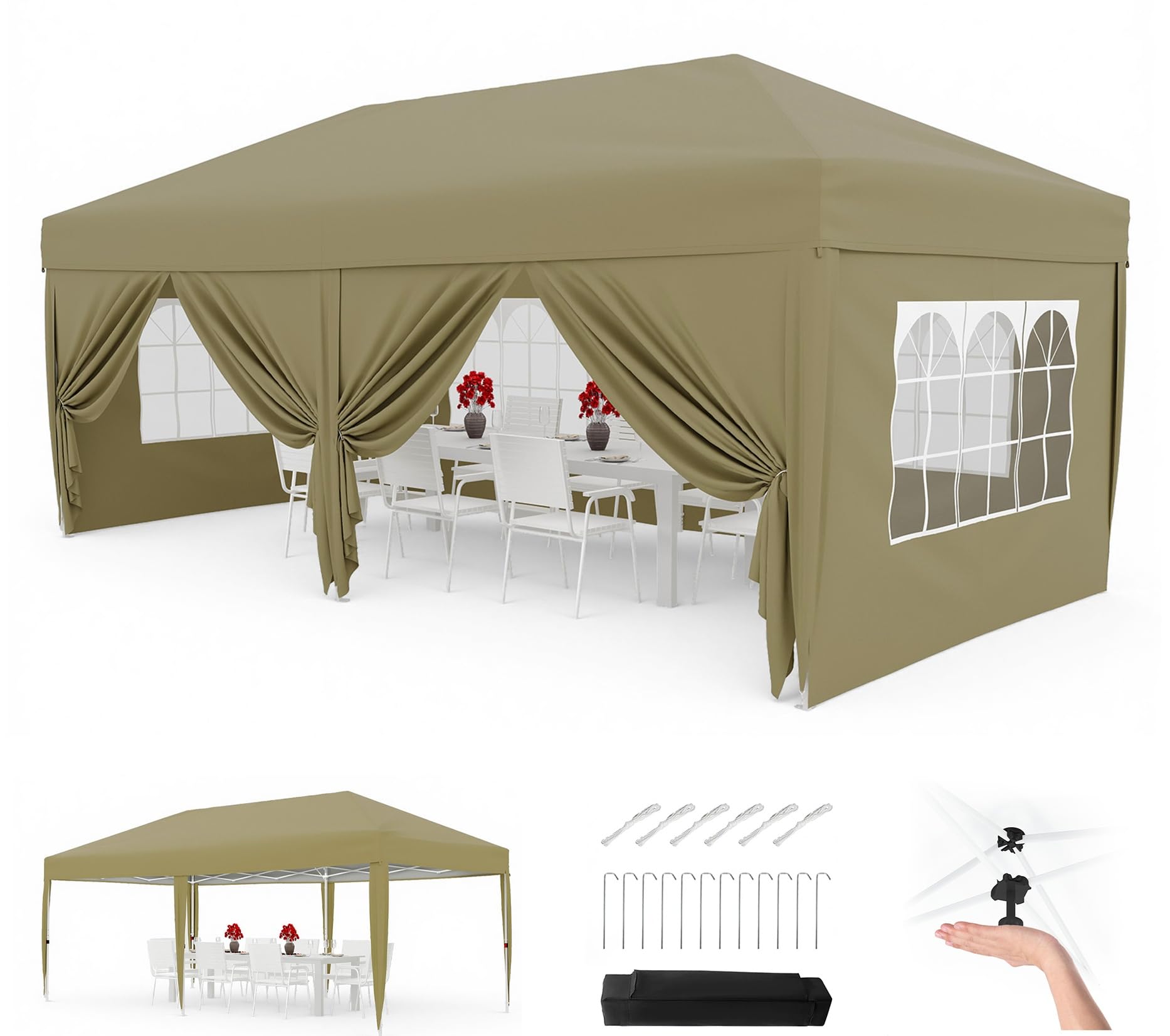 Aptliton 3x6M Pop Up Gazebo with 6 Sidewalls Waterproof Outdoor Gazebo UPF 50+ with Carry Bag, 3 Adjustable Height, 4 Weight Bags, 8 Stakes & 6 Guy Ropes for Party Garden Outdoor Activities, Khaki