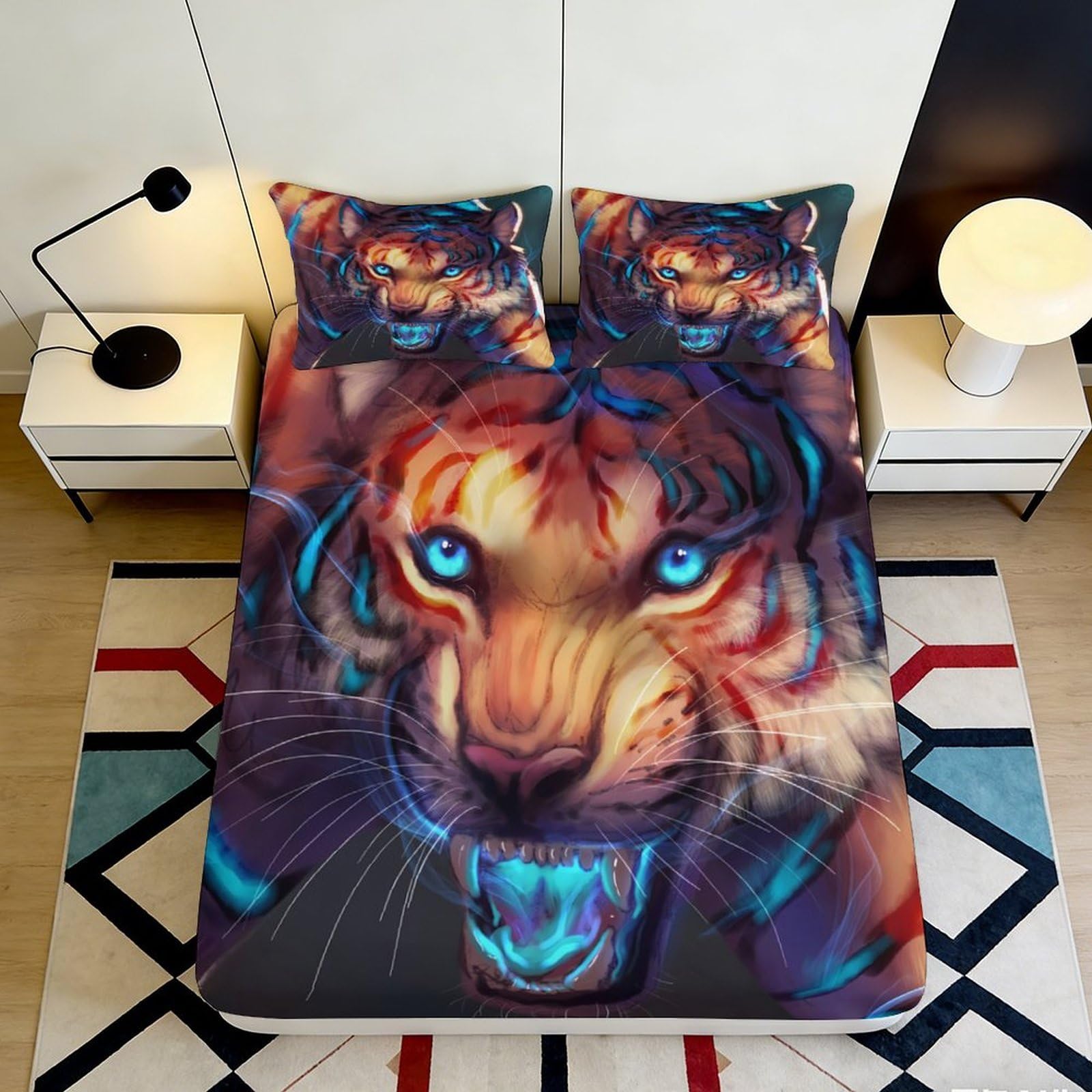3D Printed Fierce Tiger Fitted Sheet Microfiber Vibrant Bed Cover for Bedroom Decor Dorm Mattress Protection 90x200x25cm