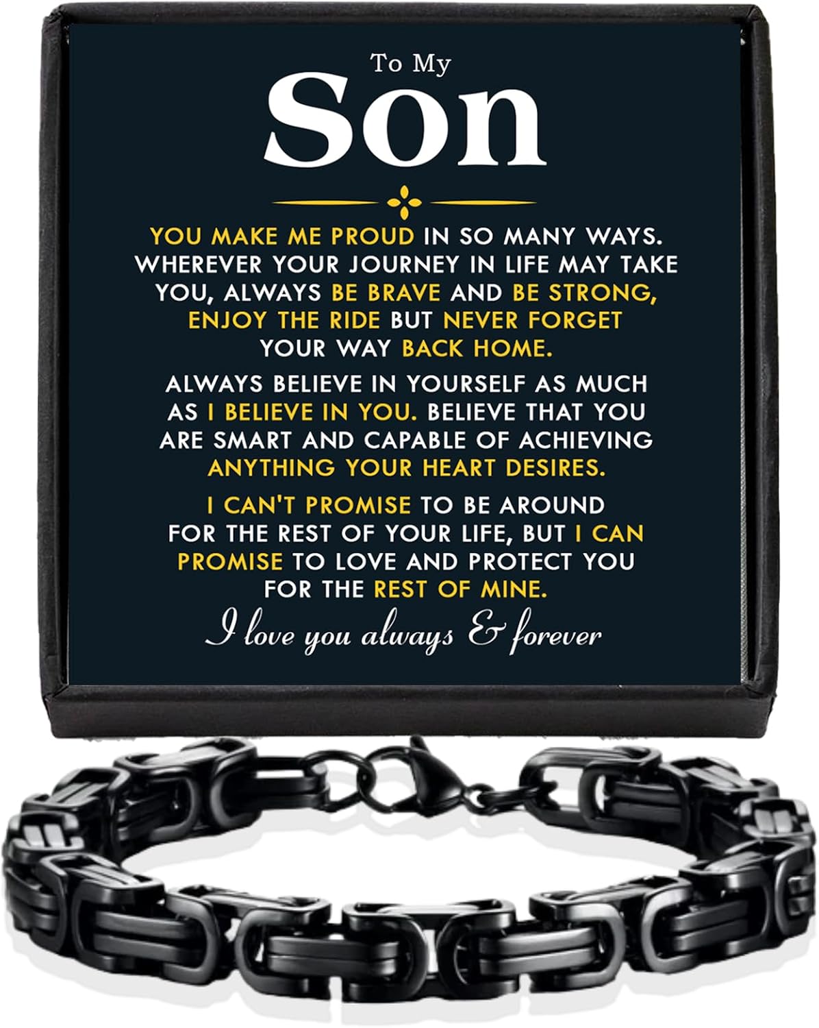 Son Bracelet from Mom/Dad – Stainless Steel Black Plated Byzantine Chain Bracelet for Men, Inspirational Message Card Gift Box Included, Birthday Christmas Graduation Gift