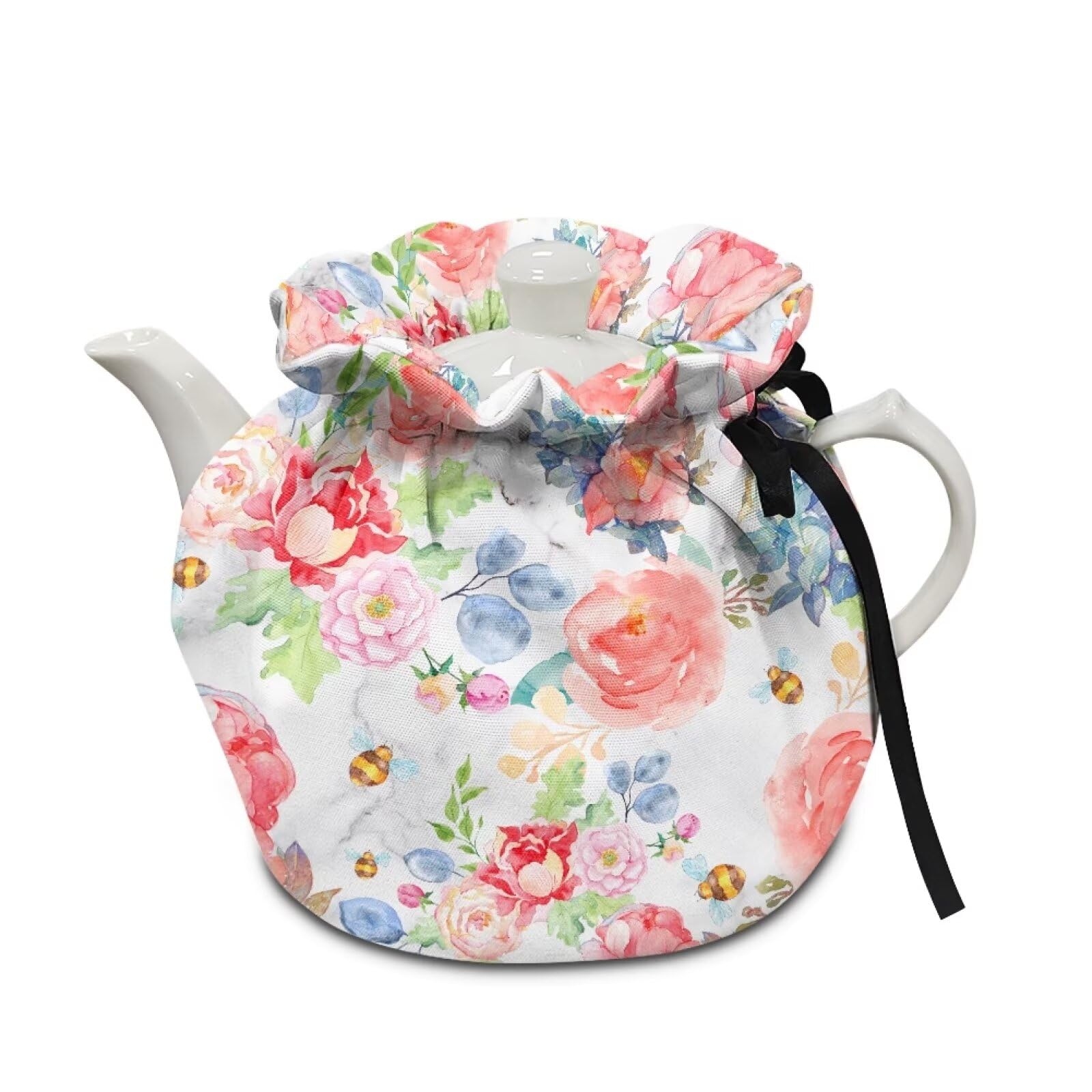 Snilety Teapot Cozy Cover Insulated Floral Bee Design Universal Tea Cosy Cover Durable Teapot Cosy Dust Cover Washable Kettle Cover Portable Handle Kitchen Home Decor Size 10.6x6.1x6.9In