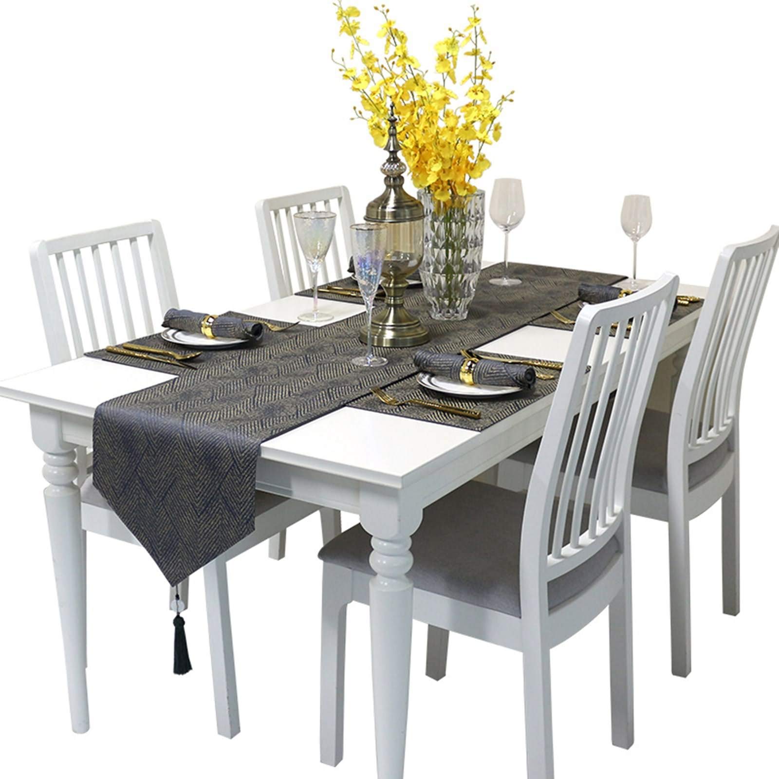 Runner Moderno Tavolo, Cotone Motivo jacquard a spina di pesce con nappina Runner da Tavola Decorazione da Tavola per Compleanni & Matrimoni (Blu scuro Oro, 35 x 183 cm)