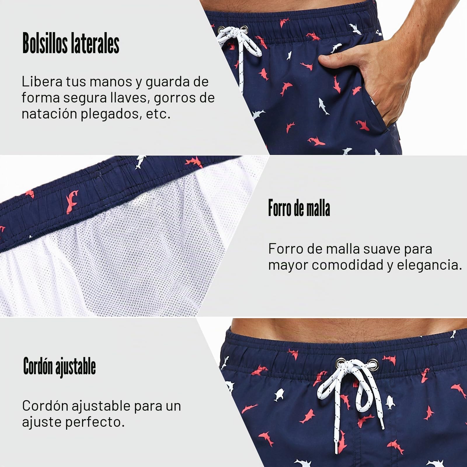 Bañador Hombre 2 en 1 Forro Malla Cintura Elástica con Cordón Bolsillo Cremallera - Shorts Playa Secado Rápido Natación