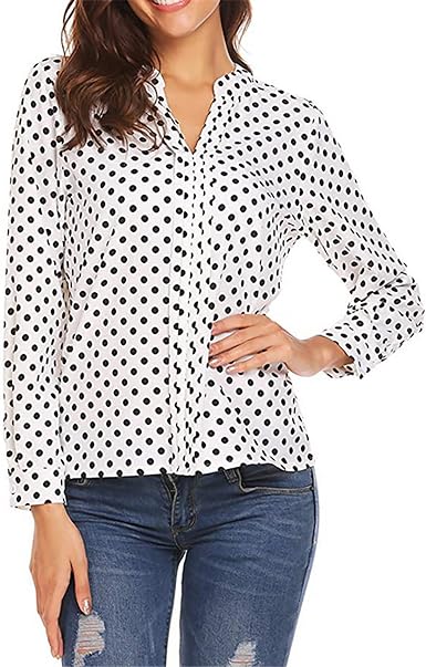 Amazon.com: Blusa de manga larga con estampado de lunares y cuello en V  para mujer : Ropa, Zapatos y Joyería