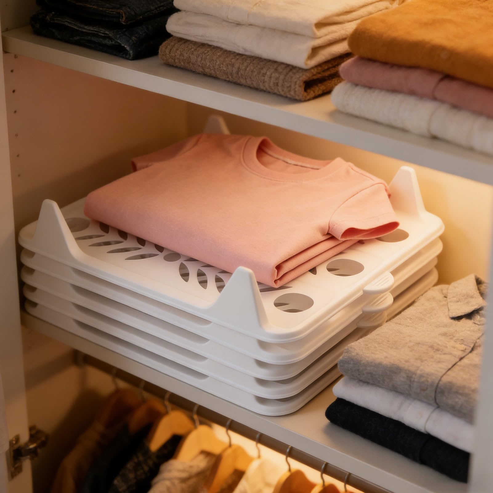 Organizador de Camisas Apilable 5 Piezas de Separadores de Ropa | Organizador Optimizador de Espacio Para Armario Dormitorio Hogar, Jeans, Suéteres, Camisetas, Calcetines,