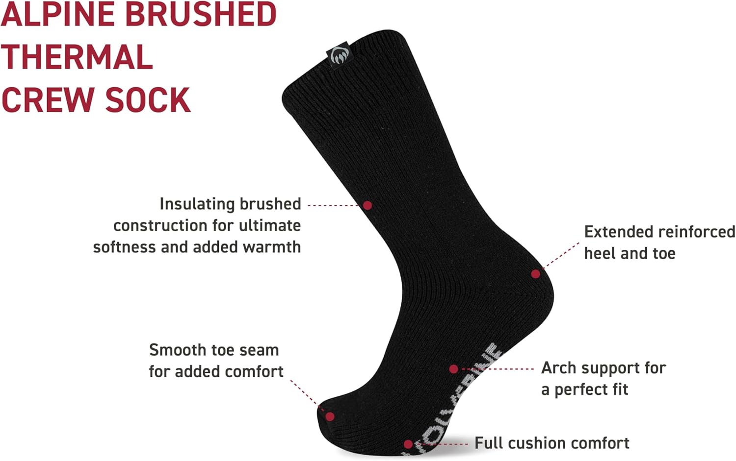 Wolverine mens Alpine Brushed Thermal Crew Socks - 2 Pairs - Soft Insulated Cushioning - Image 6