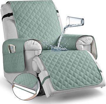 TAOCOCO 100% Waterproof Recliner Chair Covers, Reversible Recliner Covers with Leg Straps, Washable Recliner Sofa Covers for Reclining Chair Furniture Dog Protector with Pocket Mint, 23.6