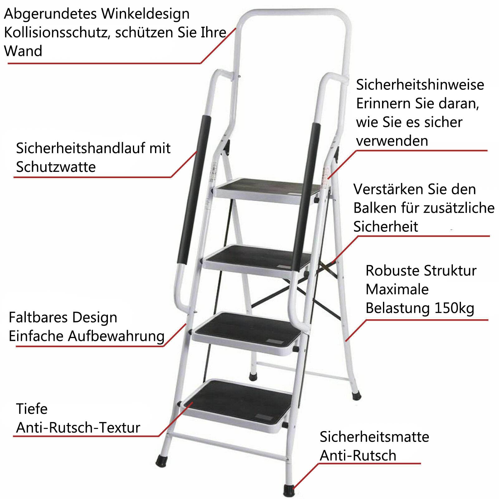 Escabeau de ménage avec main courante et tapis antidérapant - Pliable - Pour la maison, la cuisine, le jardin, le garage, l'entrepôt - 4 marches - Portable - Pliable et résistant