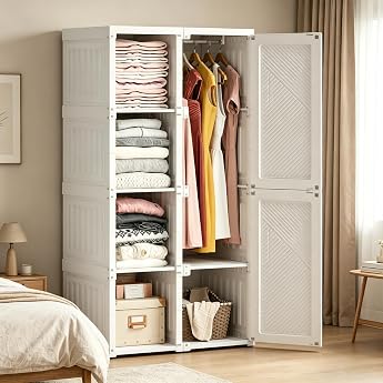White Wardrobe Foldable Storage Cabinet with Clothes Rail Bedroom Cabinet Multi-Purpose Cabinet for Living Room Bedroom Apartment Very Easy to Assemble 136 x 50 x 69