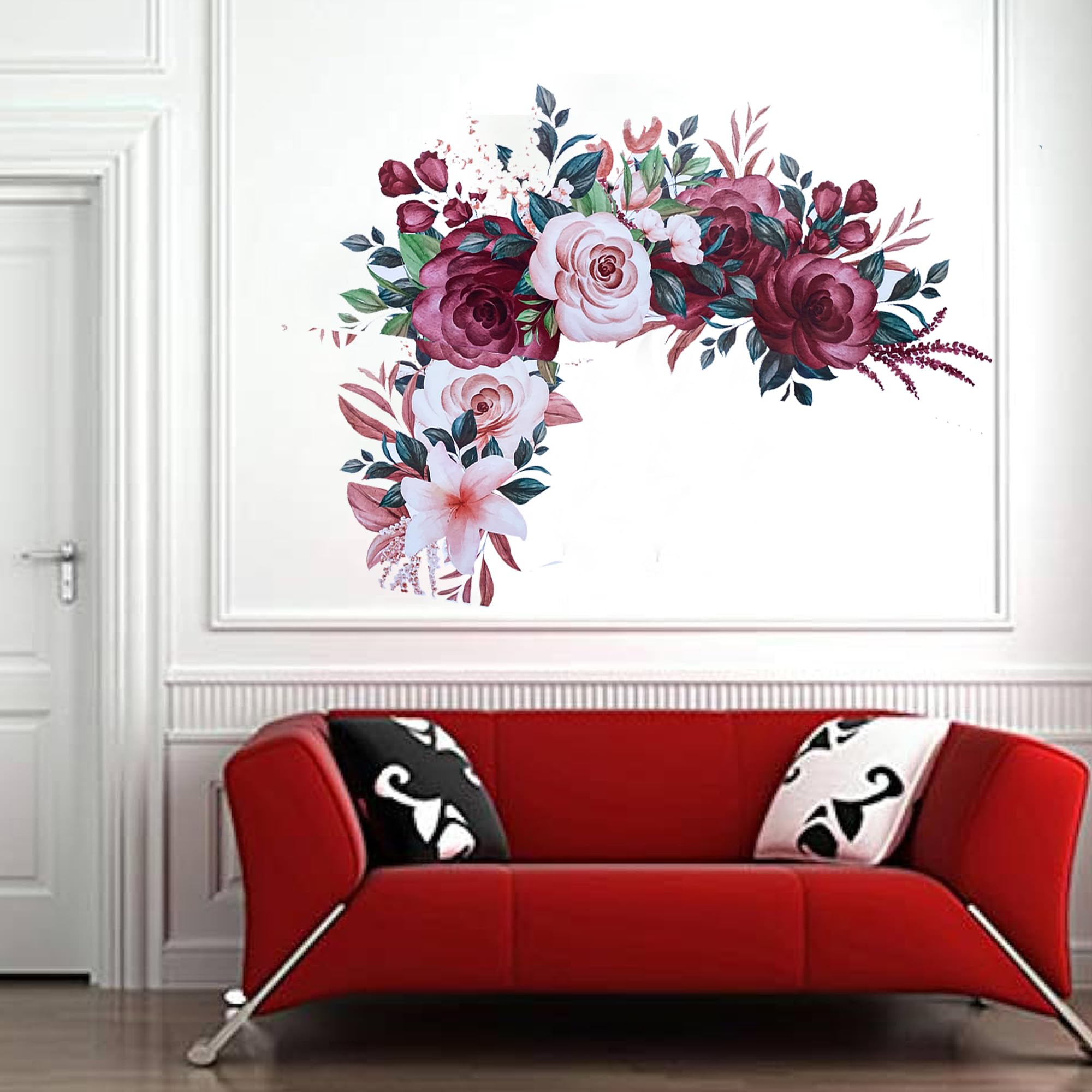 Xtore Red & White Flowers Wall Sticker for Home | Office | Kitchen Decor (Pack of 1, Red & White) 1