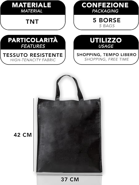 IPEA Shopper Nere in TNT per Spesa e Shopping - [ 5 PEZZI ] - Misure 42 x 37 cm - Tote Bag in Tessuto non Tessuto Riutilizzabili per Acquisti, Viaggi, Tempo Libero - Borse Nere in Cotone Sintetico - 4