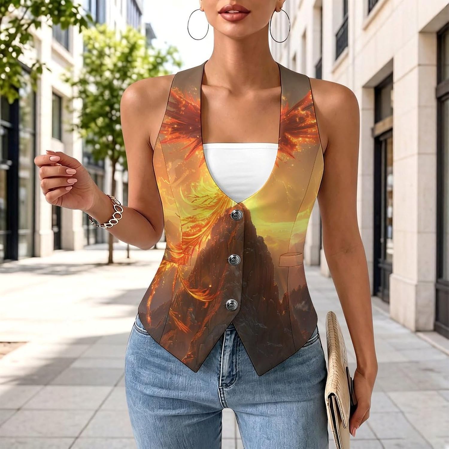 Phoenixes Bird with Flames Women's Tuxedo Waistcoat Suit Vest | 3 Button V-Neck Slim Fit Casual Sleeveless Top