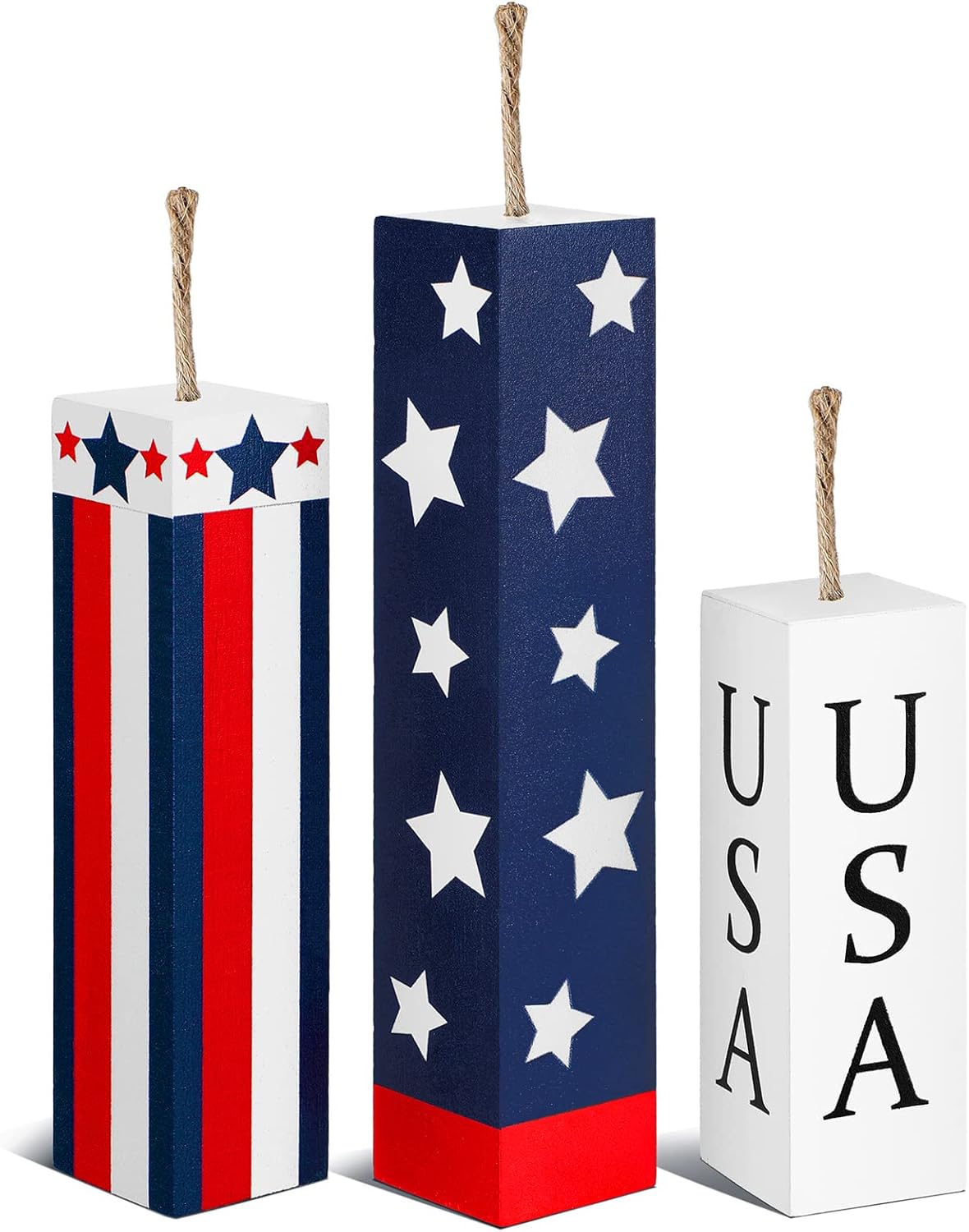 Amyhill 3 Pcs 4th of July Decorations Set Wooden Patriotic Table Centerpieces Independence Day Wood Firework Fourth of July Table Signs for 250th Anniversary Home Farmhouse Decor (Flag)