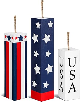 Amyhill 3 Pcs 4th of July Decorations Set Wooden Patriotic Table Centerpieces Independence Day Wood Firework Fourth of July Table Signs for 250th Anniversary Home Farmhouse Decor Flag