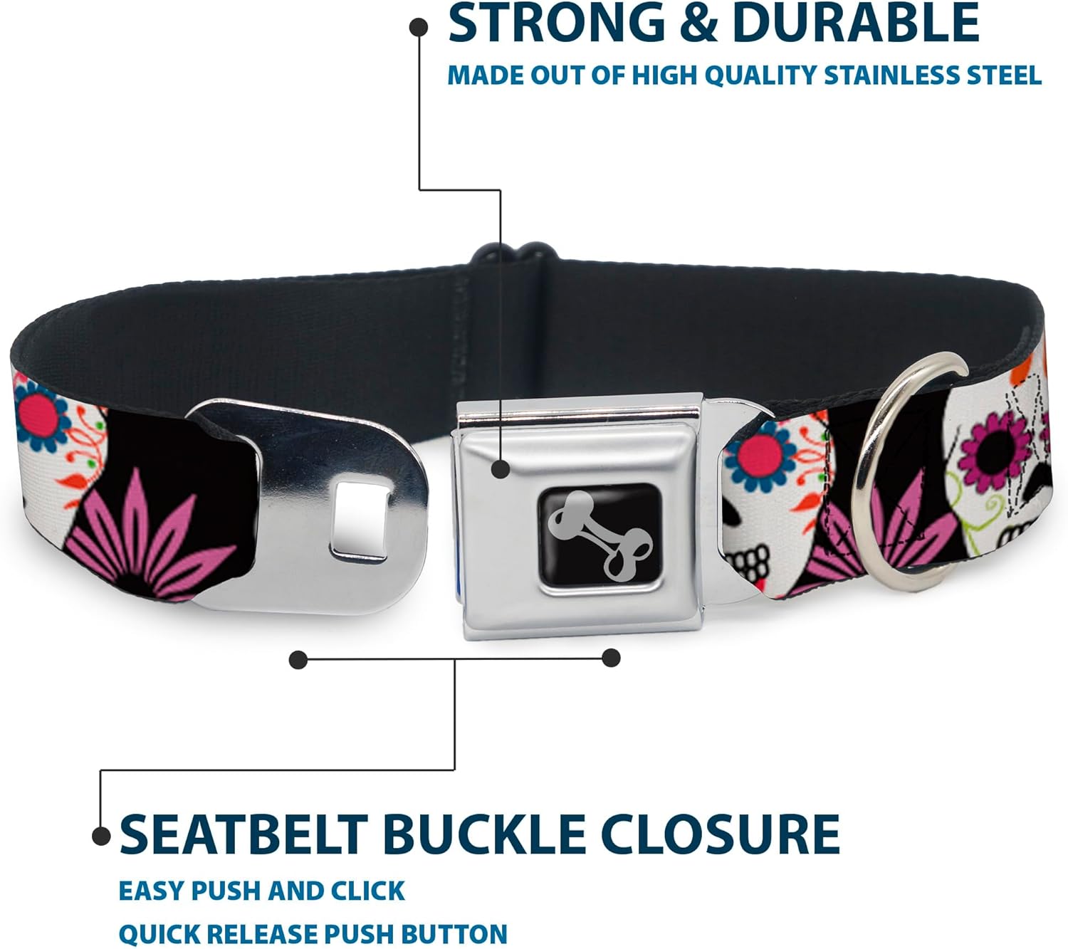Dog Collar Seatbelt Buckle Sugar Skulls Flowers Black Multi Color 9 to 15 Inches 1.0 Inch Wide