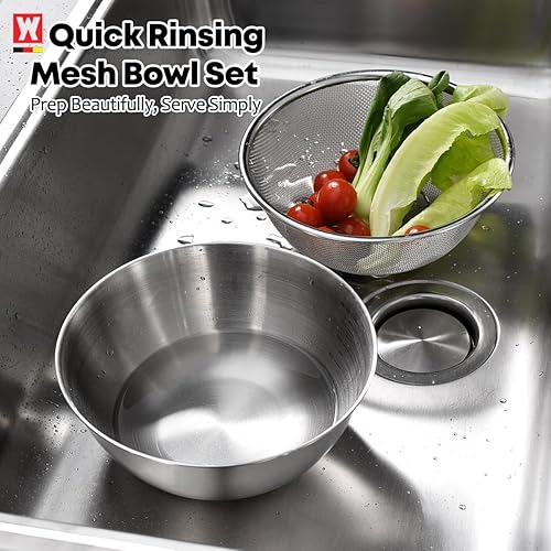 Miniatura 3 de Juego de tazón de acero inoxidable y colador de 3 patas, canasta de cocina multiusos con colador de malla fina, cuenco para mezclar ensalada con