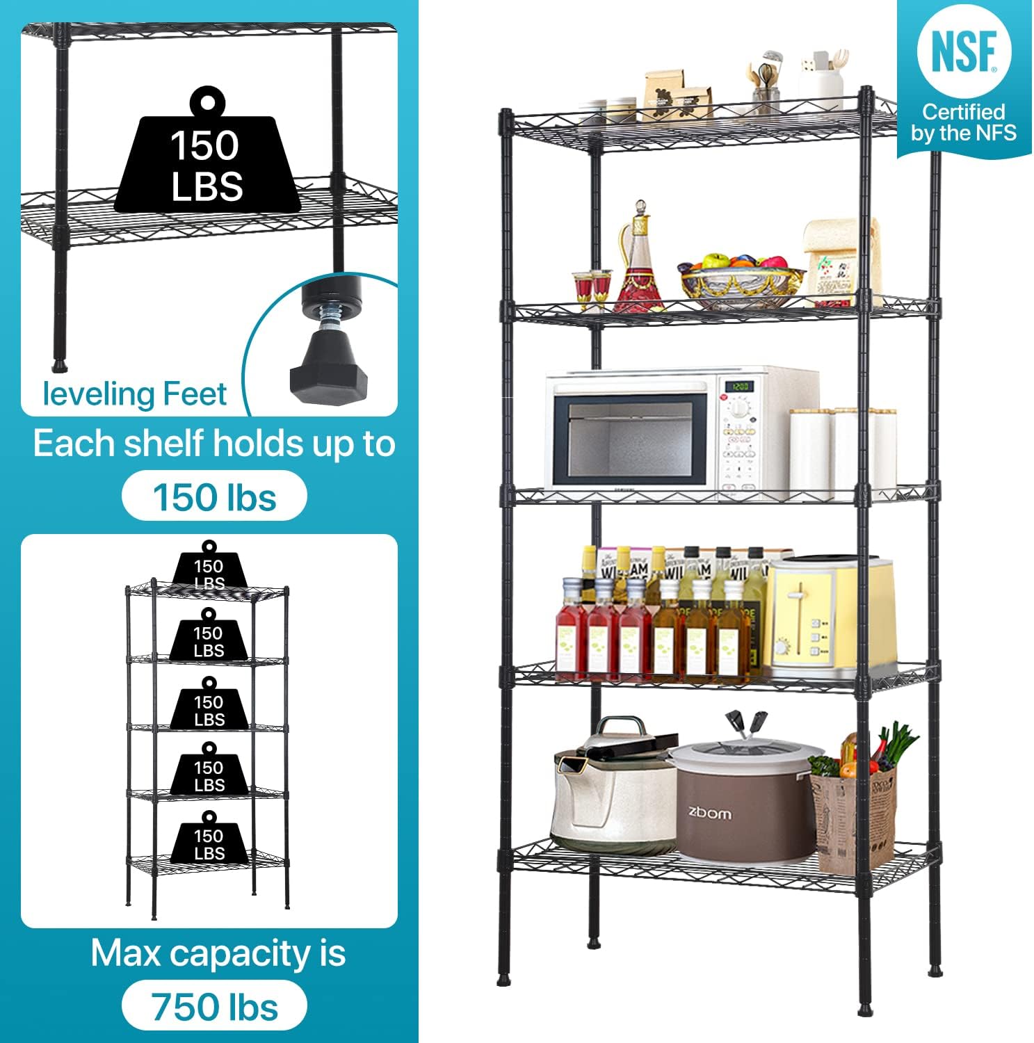 5 Wire Shelving Unit Storage Shelf Adjustable Heavy Duty Shelf with Leveling Feet for Closet Laundry Pantry Kitchen Garage 750 LBS Capacity 21.5" L x 11.6" W x 47.6" H, Black