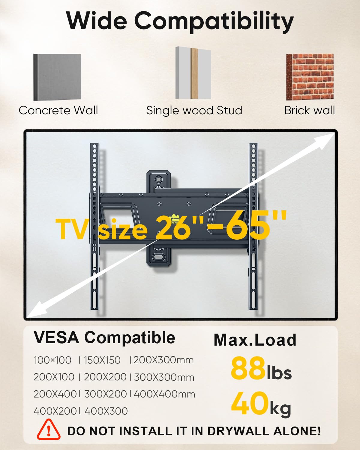 FORGING MOUNT Soporte de pared para TV de 26 a 65 pulgadas, soporte de TV de movimiento completo con extensión de 550 mm, rotación de 180° horizontal a vertical, montaje en pared inclinable, giratorio